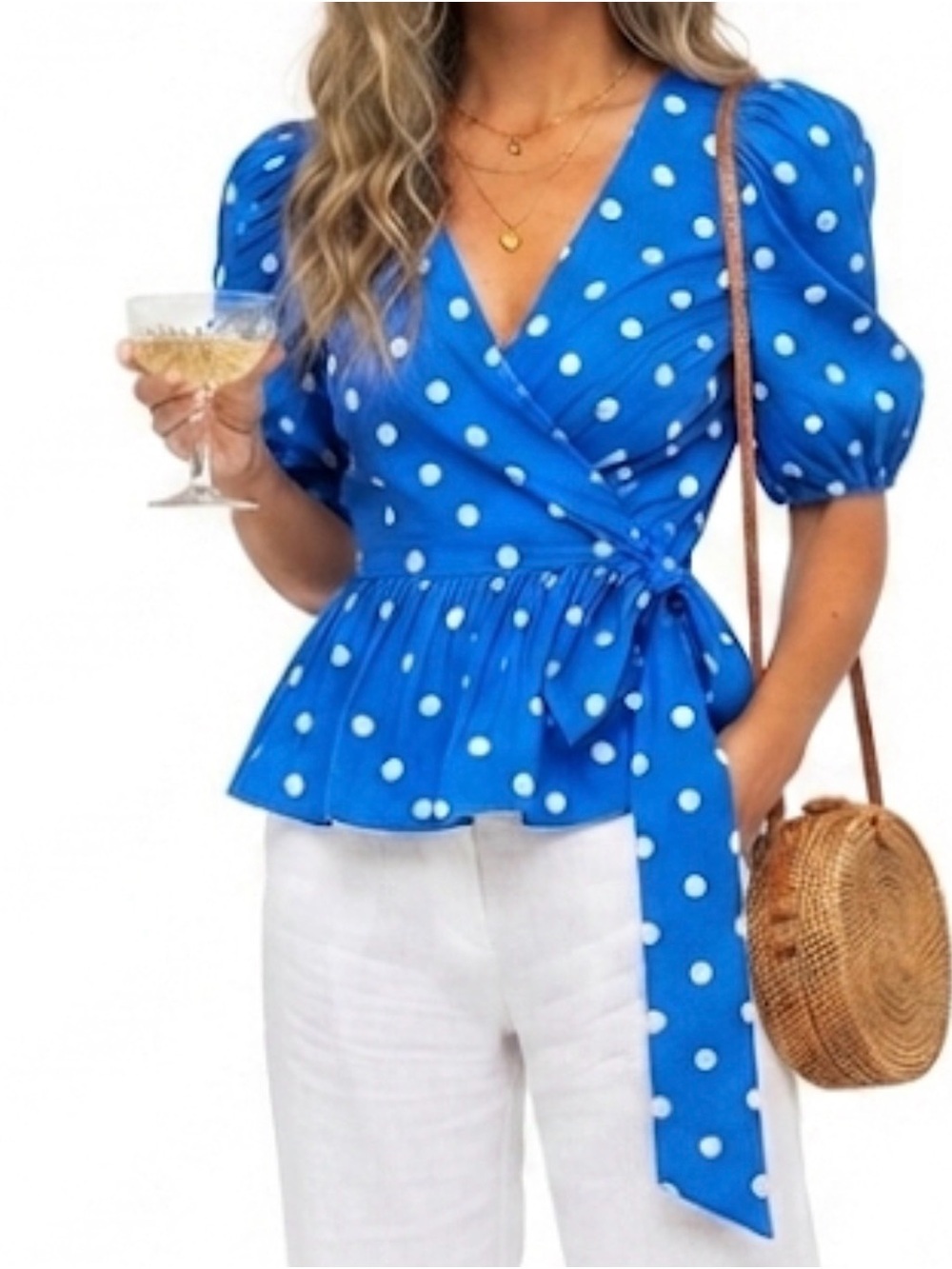 Lilly Pulitzer Kara Cotton Wrap Blue Polka Dot Top Puff sleeve size 4